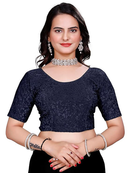Women’s Non‑Padded Stretchable Readymade Saree Blouse – Round Neck, Half Sleeve, Pull‑On (42–44)