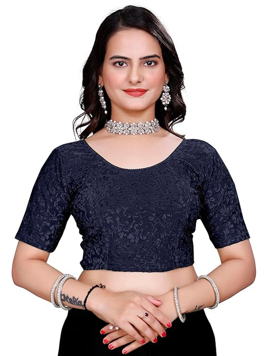 Women’s Non‑Padded Stretchable Readymade Saree Blouse – Round Neck, Half Sleeve, Pull‑On (42–44)