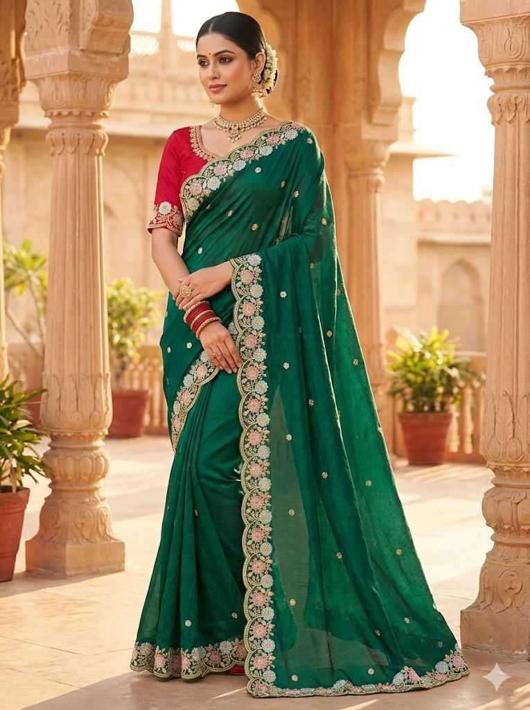 Fendi Satin Saree with Elegant Embroidery & Contrast Running Blouse (5.50m + 0.80m)