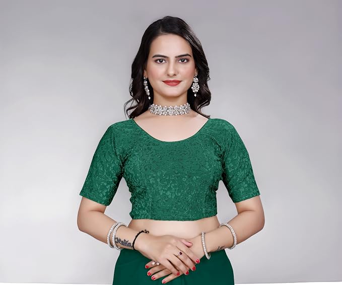 Women’s Non‑Padded Stretchable Readymade Saree Blouse – Round Neck, Half Sleeve, Pull‑On (42–44)
