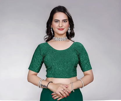 Women’s Non‑Padded Stretchable Readymade Saree Blouse – Round Neck, Half Sleeve, Pull‑On (42–44)