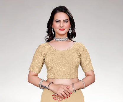 Women’s Non‑Padded Stretchable Readymade Saree Blouse – Round Neck, Half Sleeve, Pull‑On (42–44)