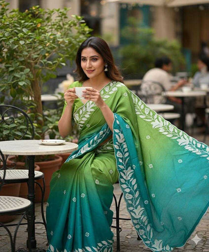 Green Designer Chinon Silk Embroidered Saree with Dual Shade & Matching Blouse