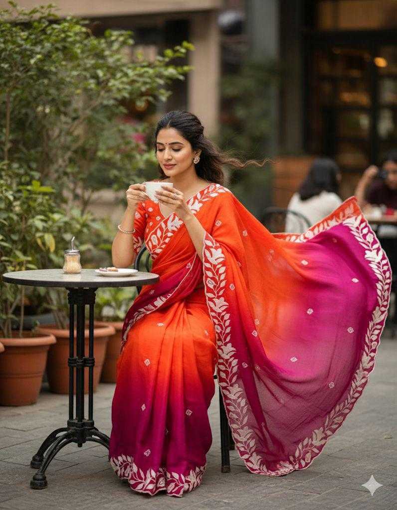 Orange Designer Chinon Silk Embroidered Saree with Dual Shade & Matching Blouse