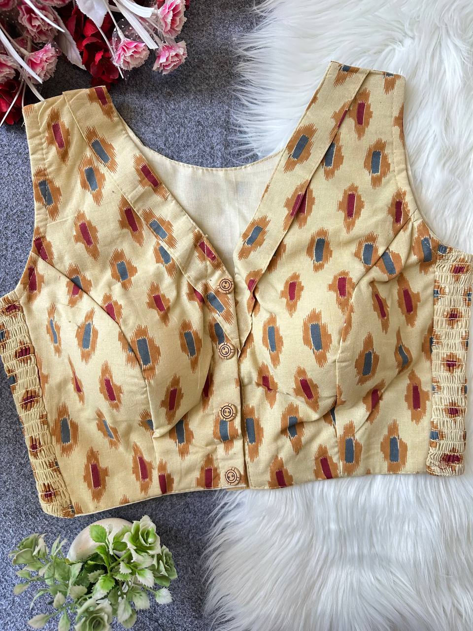 Pure Ajrakh Cotton Sleeveless Front‑Open Padded Blouse – Free Size 36–42