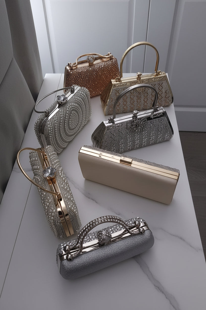 Crystal & Pearl Evening Clutch Bag Collection – Bow, Beaded, Mirrored Box Party Bags