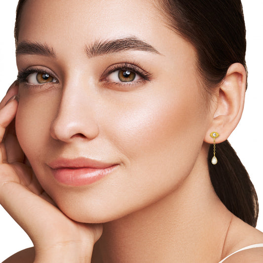925 Sterling Silver  Gold‑Plated  Evil Eye Teardrop Chain Stud Earrings