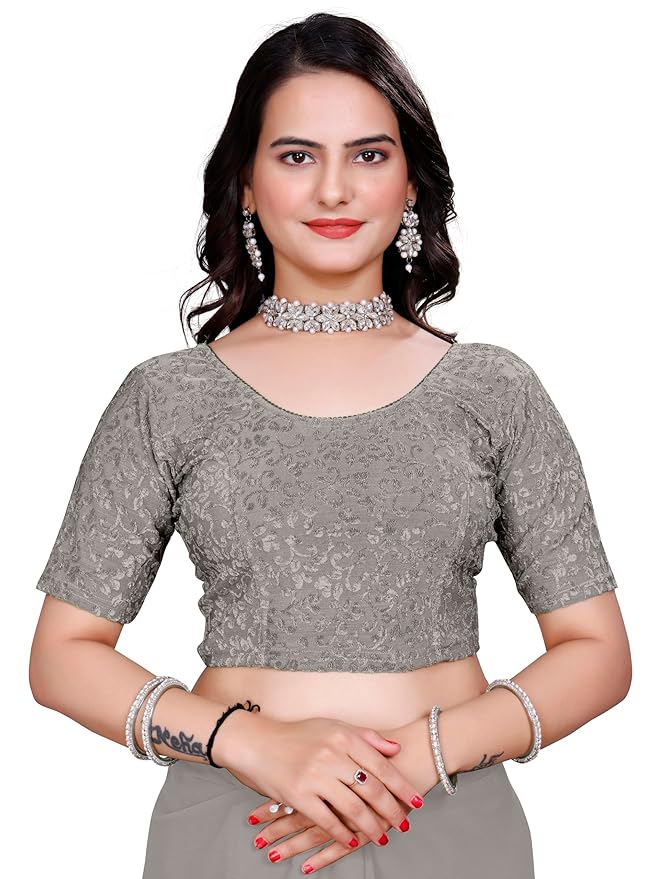 Women’s Non‑Padded Stretchable Readymade Saree Blouse – Round Neck, Half Sleeve, Pull‑On (42–44)