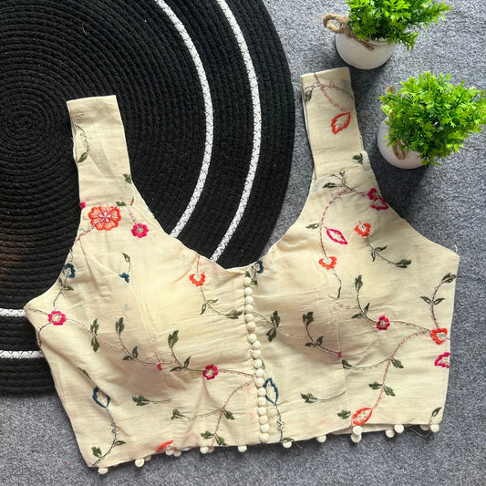 Khadi Cotton Embroidered Fancy Blouse with Back Open Hook (Free Size 38–42)