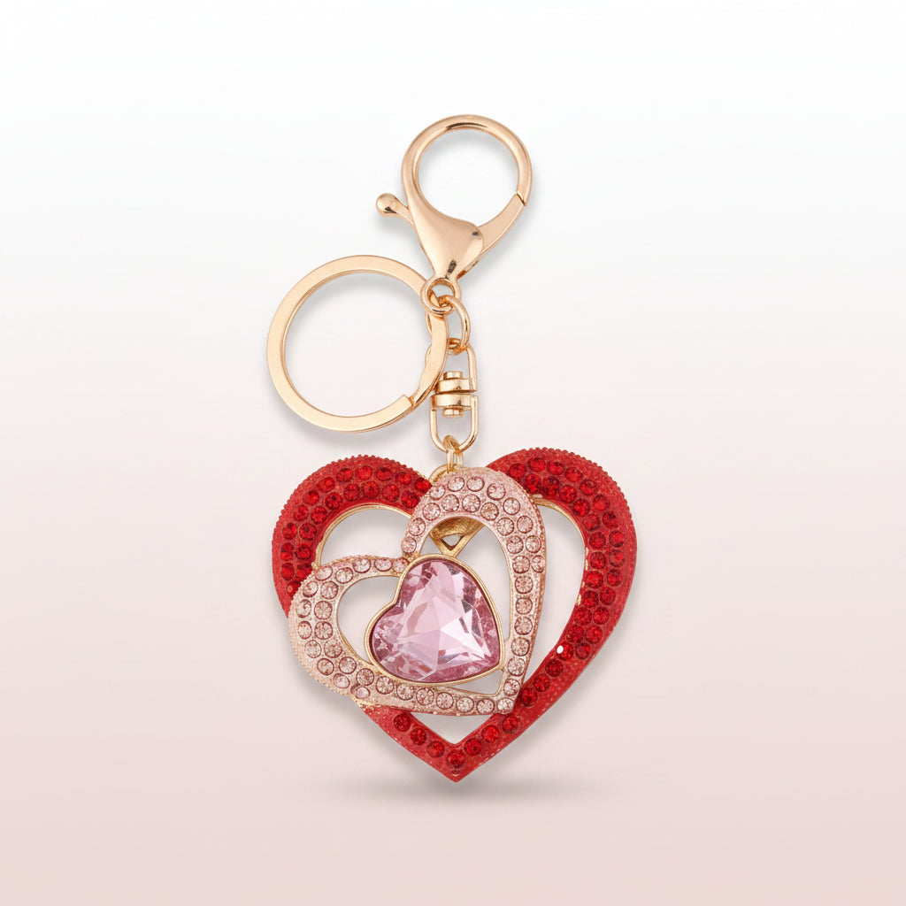 Layered Heart Crystal Keyring – Sparkly Diamante Bag Charm, Shimmer Heart Accessory, Gift for Her