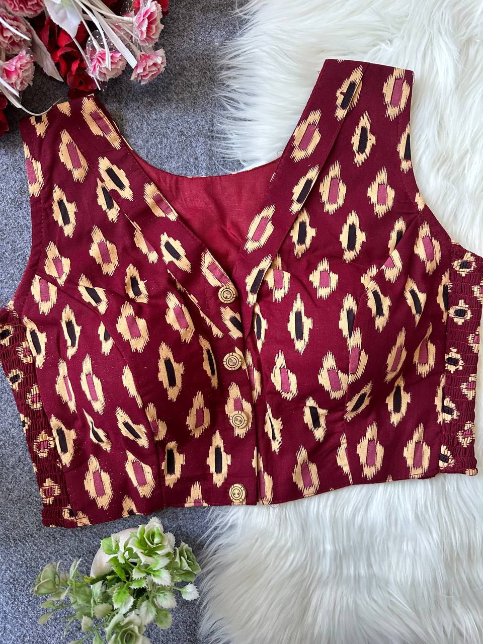Pure Ajrakh Cotton Sleeveless Front‑Open Padded Blouse – Free Size 36–42