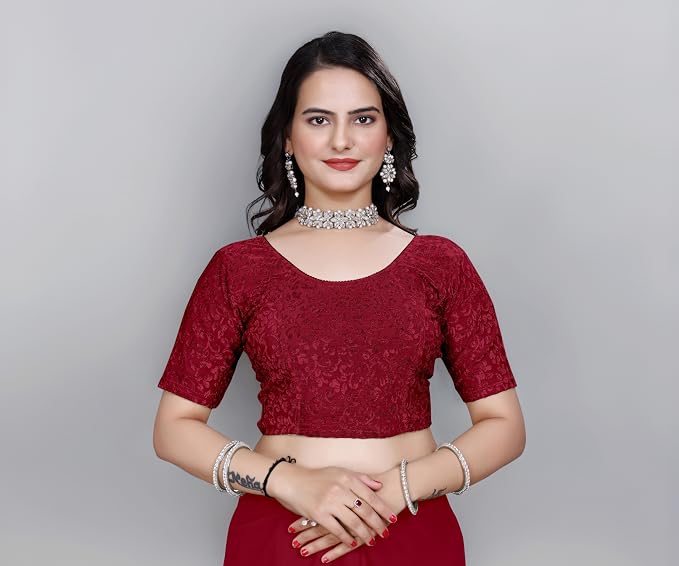 Women’s Non‑Padded Stretchable Readymade Saree Blouse – Round Neck, Half Sleeve, Pull‑On (42–44)