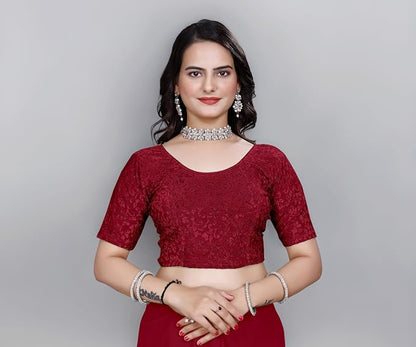 Women’s Non‑Padded Stretchable Readymade Saree Blouse – Round Neck, Half Sleeve, Pull‑On (42–44)