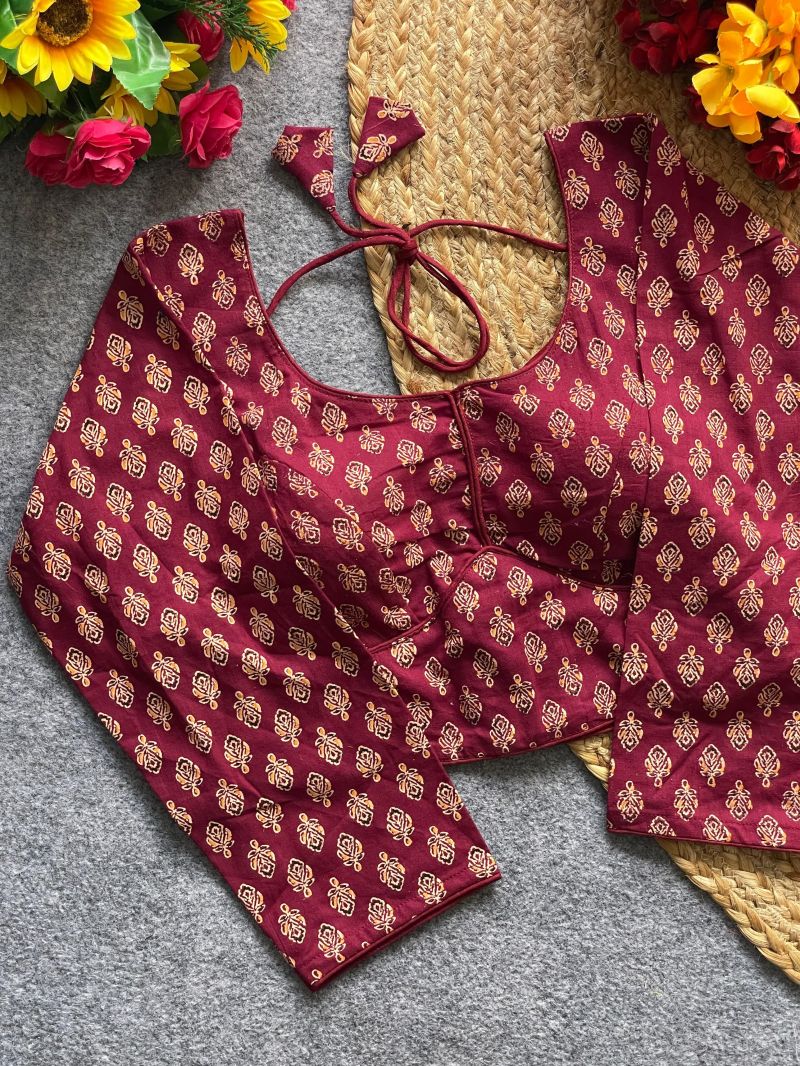 Ready made Ajrakh Print Cotton Indian Saree Blouse with Long Sleeves (Free Size 40–42)