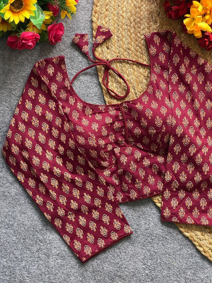 Ready made Ajrakh Print Cotton Indian Saree Blouse with Long Sleeves (Free Size 40–42)
