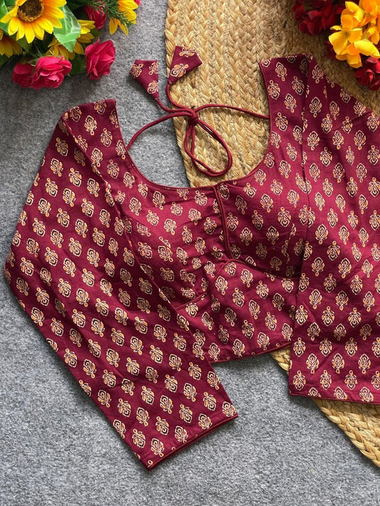Ajrakh Print Cotton Blouse with Long Sleeves (Free Size 40–42)