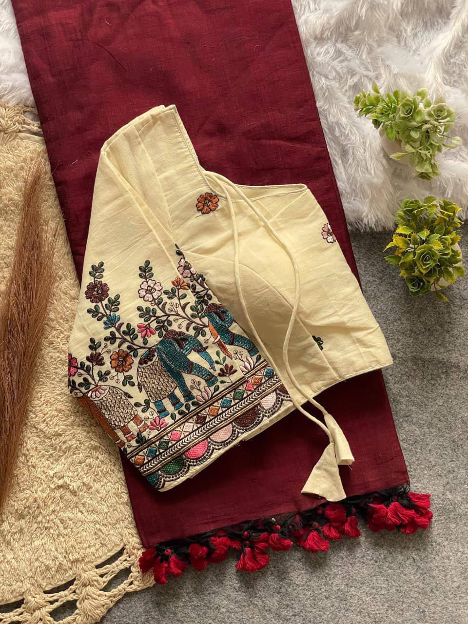 Maroon Khadi Cotton Saree with Embroidered Blouse | Soft Khadi Saree Set | Stitched Blouse Size 44| Traditional Indian Saree (Copy)