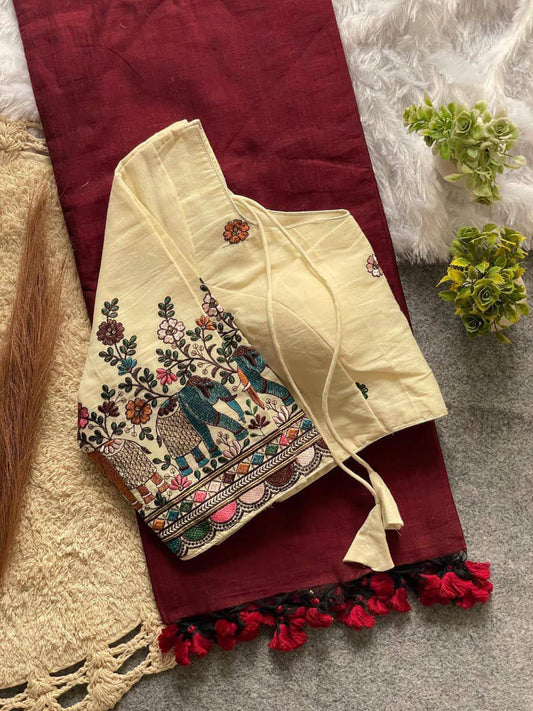 Maroon Khadi Cotton Saree with Embroidered Blouse | Soft Khadi Saree Set | Stitched Blouse Size 44| Traditional Indian Saree (Copy)