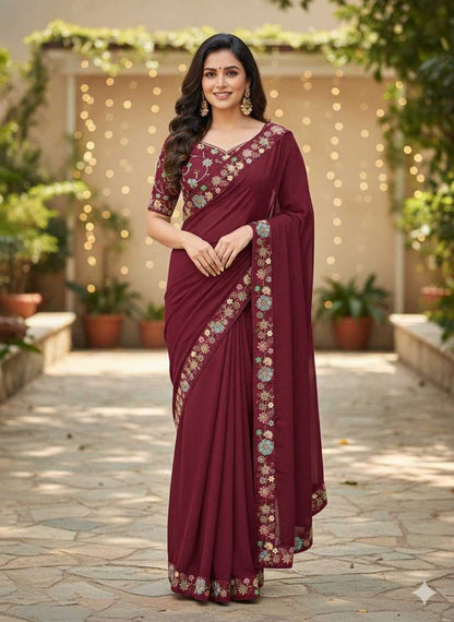 Maroon, Star Georgette Sequence Saree with Val Lace Border and Mono Silk Sequence Blouse
