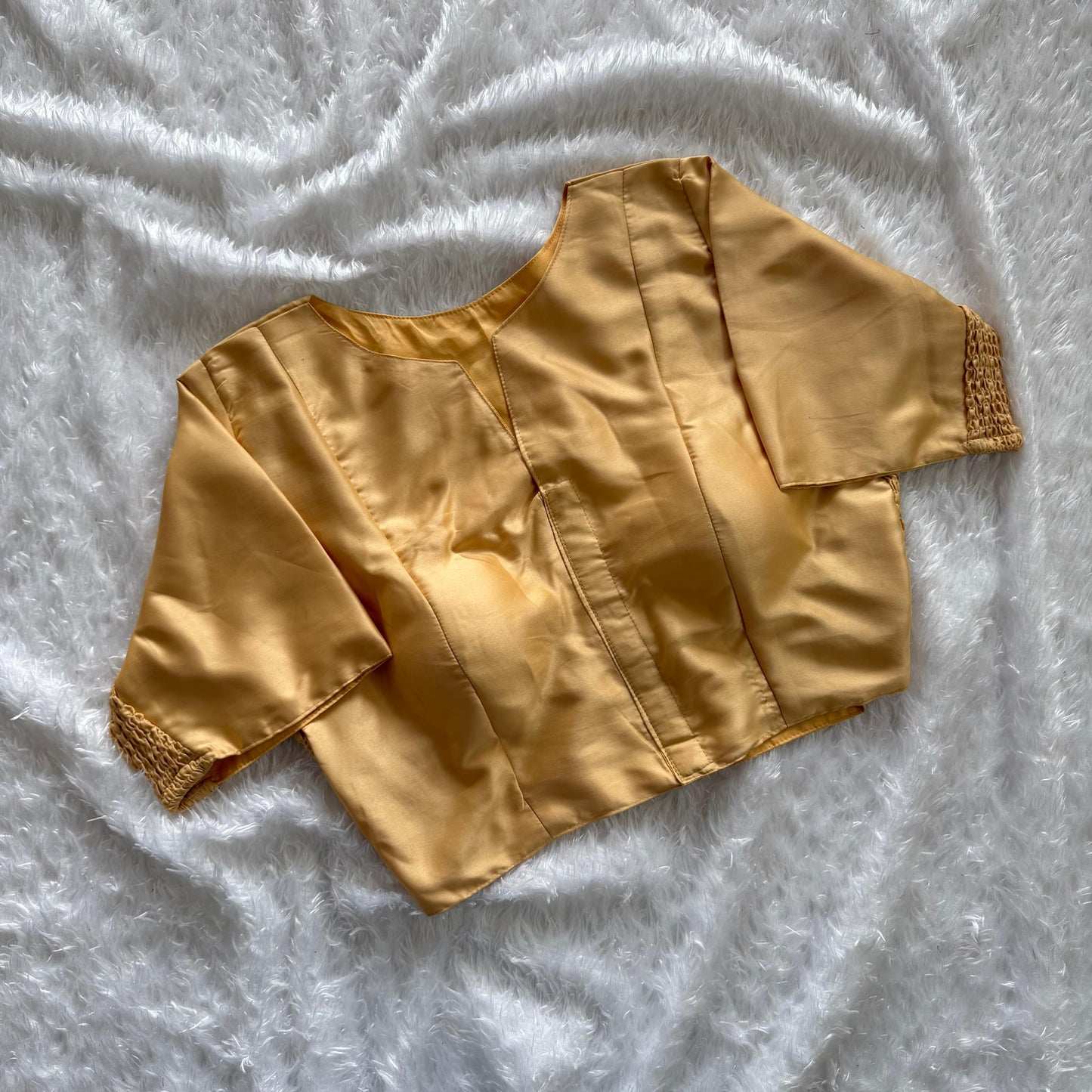 Haka Silk Saree Blouse – Handcrafted Sleeve & Back Work, Padded Crop Top Size 38 to 42