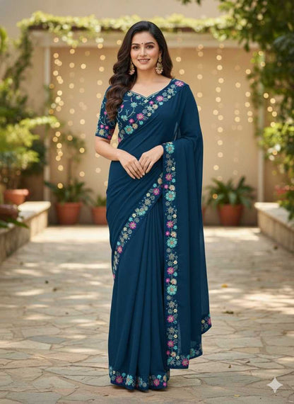 Navy Blue, Star Georgette Sequence Saree with Val Lace Border and Mono Silk Sequence Blouse