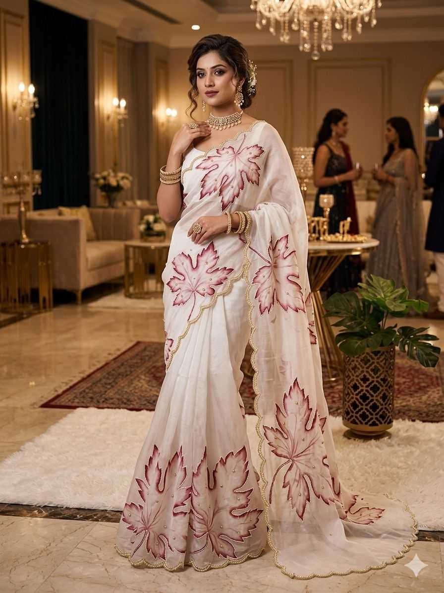 Designer Organza Printed Saree with Pearl Hand Embroidery and Cutwork Border