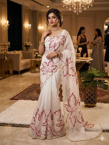 Designer Organza Printed Saree with Pearl Hand Embroidery and Cutwork Border