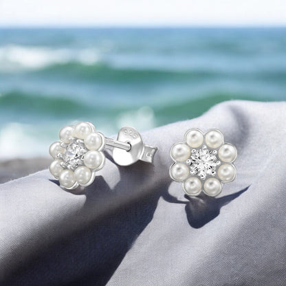 925 Sterling Silver Flower CZ & Pearl Stud Earrings