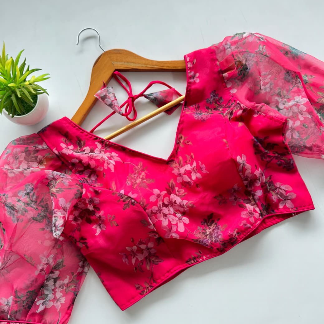 Readymade Blouse Kalamkari Print Soft Organza Padded Designer Saree Blouse with Buttons
