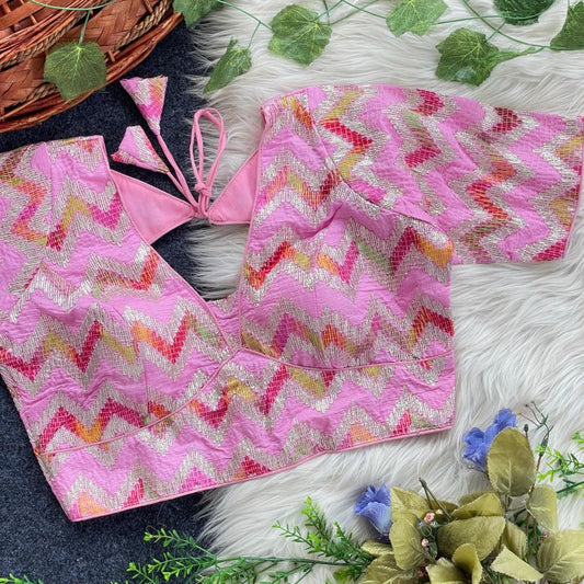 Fancy Chanderi Silk Blouse 219 with Back Hook & 11-Inch Sleeves (Free Size)