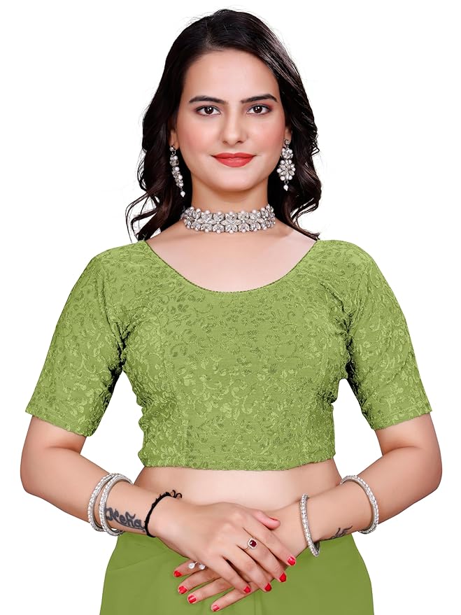 Women’s Non‑Padded Stretchable Readymade Saree Blouse – Round Neck, Half Sleeve, Pull‑On (42–44)