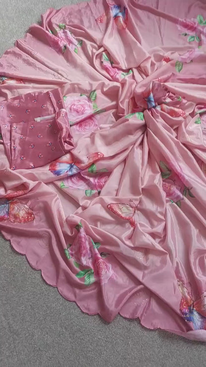 Pure Malai Silk Saree, Digital Butterfly Floral Print, Zari Foil, Handwork Blouse