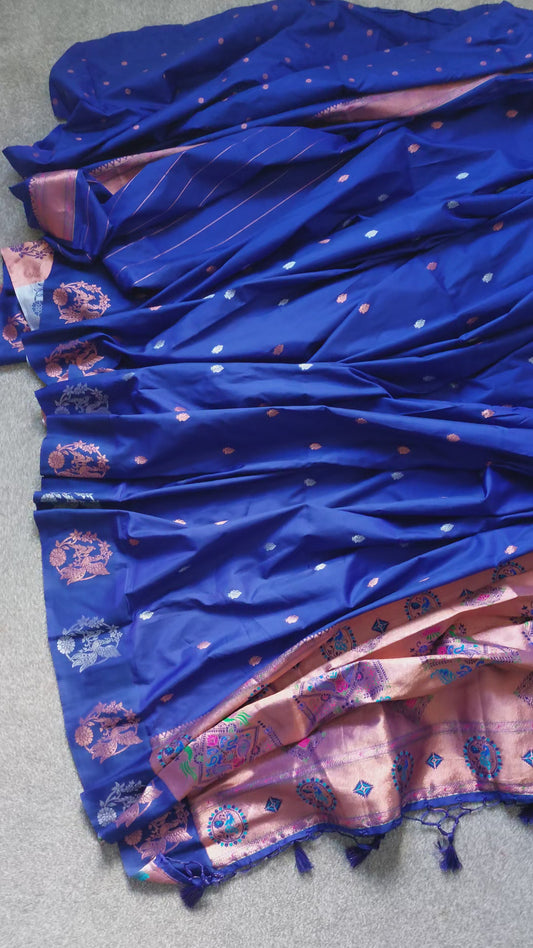 Deep blue Pure Soft Kanjivaram Paithani Silk Saree with Silver & Gold Zari Buttas and Meena Zari Pallu