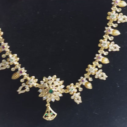 Traditional Ruby Green Stone Necklace Set | Matte Gold Tone Brass Jewellery | Gift for her