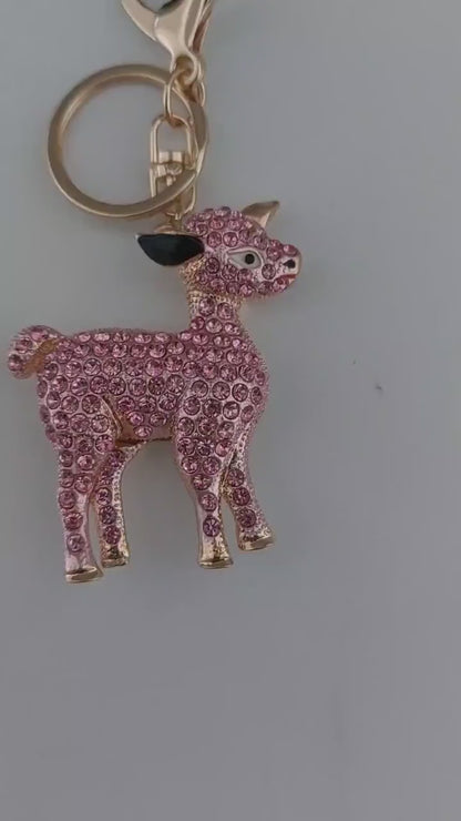 Pink Crystal Calf Keyring – Diamante Bag Charm, Animal Keychain Accessory