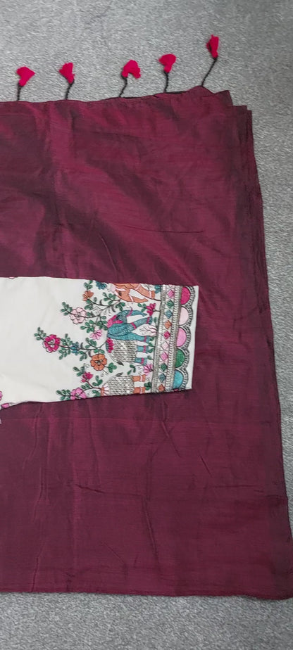 Wine Khadi Cotton Saree with Embroidered Blouse | Soft Khadi Saree Set | Stitched Blouse Size 40| Traditional Indian Saree (Copy) (Copy) (Copy)