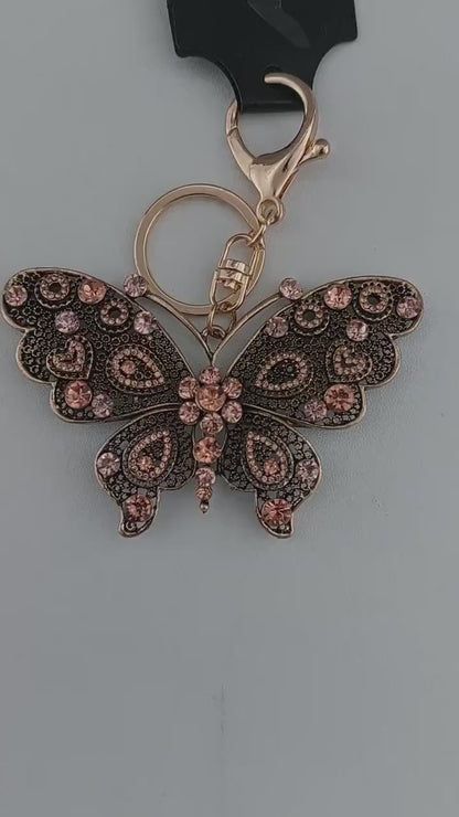 Butterfly & Hearts Crystal Key Ring – Sparkly Rhinestone Bag Charm Gift for Her
