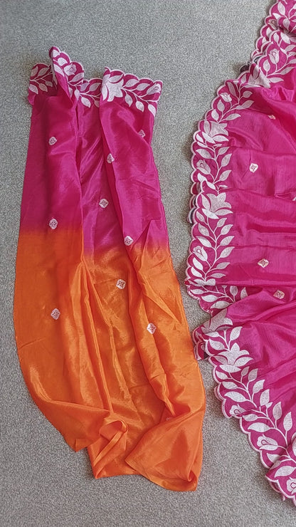 Orange Designer Chinon Silk Embroidered Saree with Dual Shade & Matching Blouse