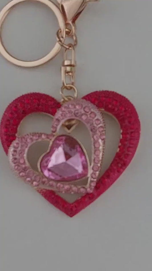 Layered Heart Crystal Keyring – Sparkly Diamante Bag Charm, Shimmer Heart Accessory, Gift for Her