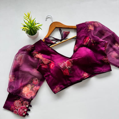 Readymade Blouse Kalamkari Print Soft Organza Padded Designer Saree Blouse with Buttons