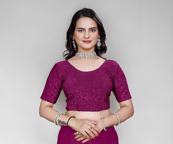 Women’s Non‑Padded Stretchable Readymade Saree Blouse – Round Neck, Half Sleeve, Pull‑On (42–44)