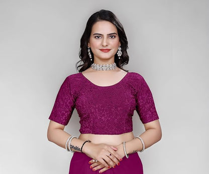 Women’s Non‑Padded Stretchable Readymade Saree Blouse – Round Neck, Half Sleeve, Pull‑On (42–44)