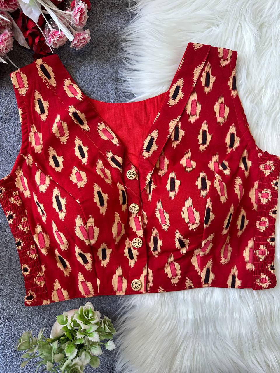Pure Ajrakh Cotton Sleeveless Front‑Open Padded Blouse – Free Size 36–42