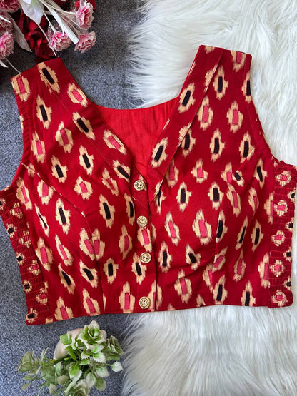 Pure Ajrakh Cotton Sleeveless Front‑Open Padded Blouse – Free Size 36–42