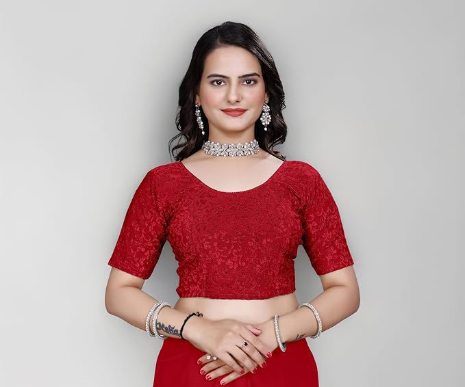 Women’s Non‑Padded Stretchable Readymade Saree Blouse – Round Neck, Half Sleeve, Pull‑On (42–44)
