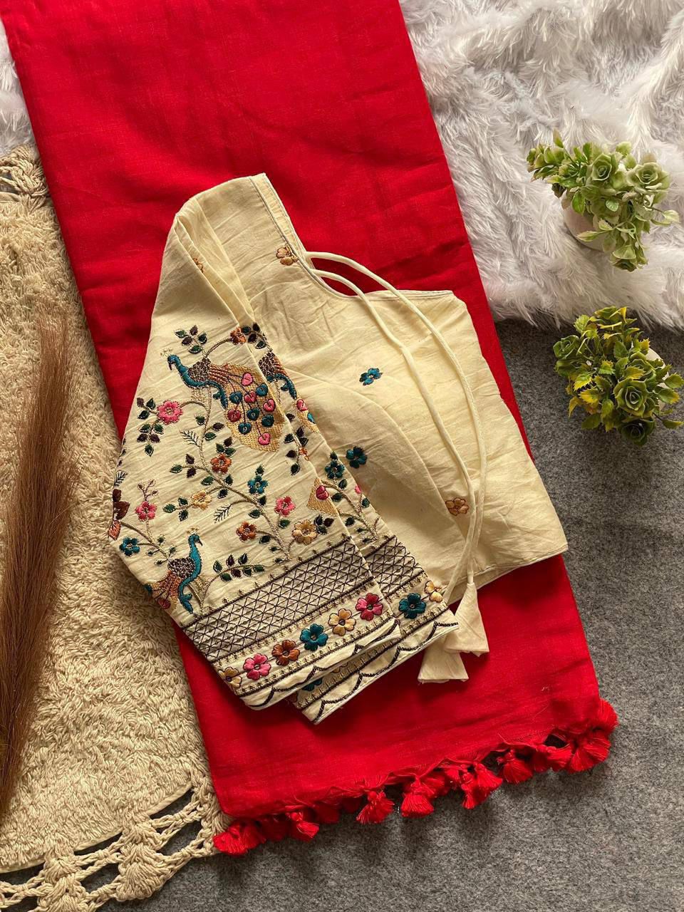 Red Khadi Cotton Saree with Embroidered Blouse | Soft Khadi Saree Set | Stitched Blouse Size 44| Traditional Indian Saree (Copy) (Copy)