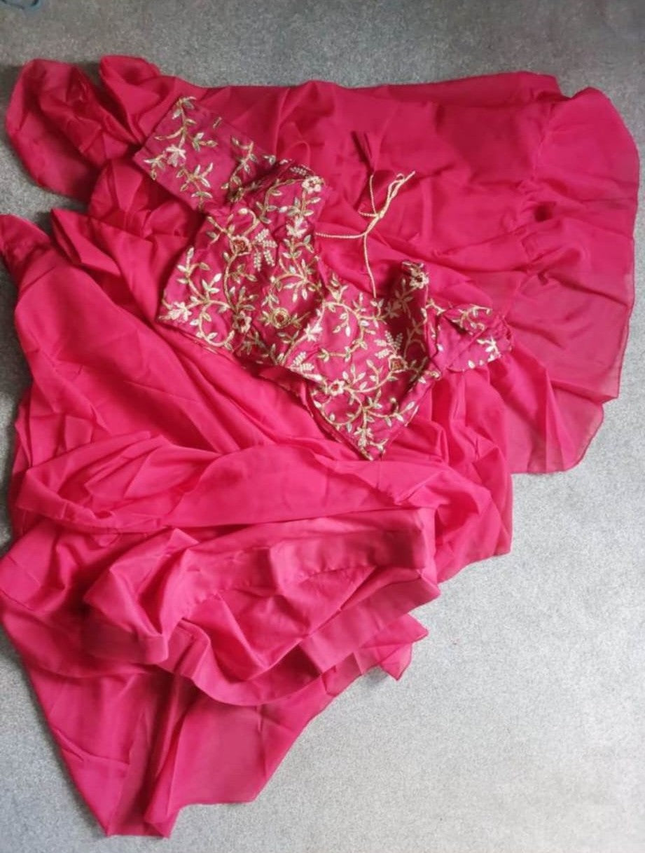 Red  Designer Apple Organza Lehenga Saree with Embroidery Belt, Sequence Banglori Blouse & Ruffle Dupatta