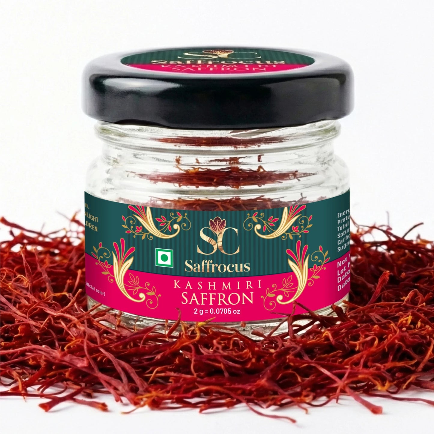 SAFFROCUS Kashmiri Saffron Pure Kesar 2g – Organic Gluten‑Free Premium Kesar for Cooking, Pooja, Skincare & Wellness (Powder, Glass Bottle)