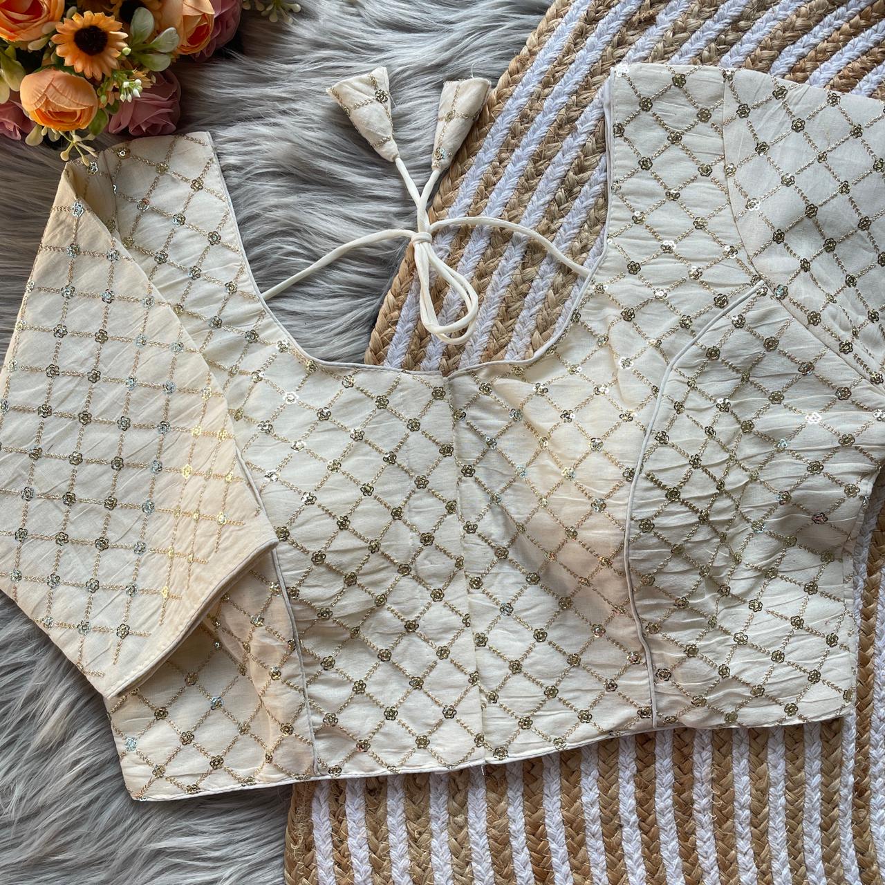 Pure Khadi Embroidered Blouse with Front Open Hook (Free Size 38–42)