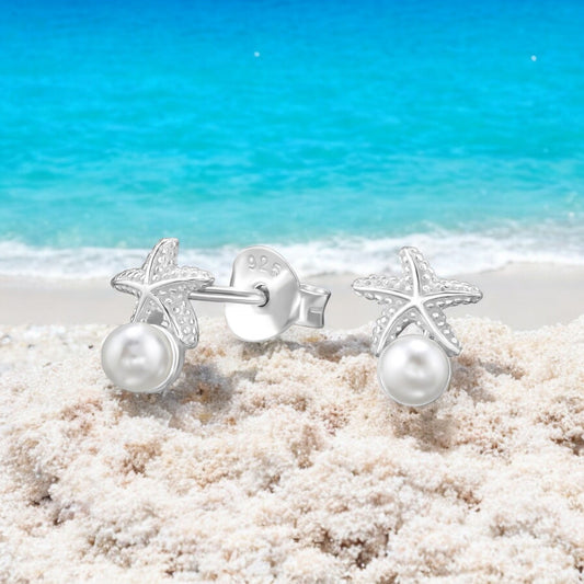 925 Sterling Silver Starfish Pearl Stud Earrings
